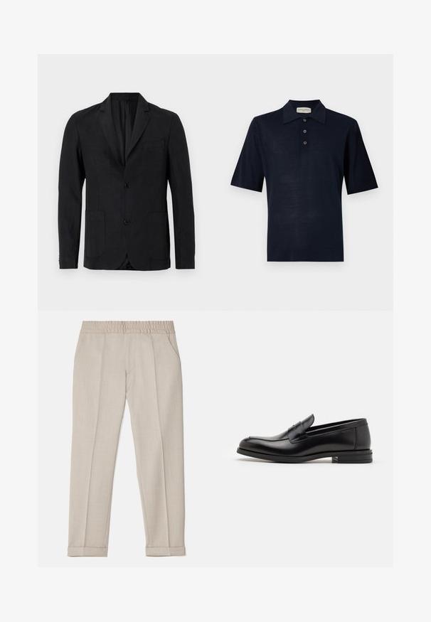 Black linen blazer with a single-breasted design, notch lapels, two front pockets, and one chest pocket. Features two button closure.; Navy blue polo shirt made of soft fabric, featuring a classic collar, three-button placket, and short sleeves. Smooth texture, minimal design.; Filippa K TERRY CROPPED TROUSERS - Trousers - sage melange; Black leather loafers with a smooth texture, rounded toe, and a decorative strap across the vamp. Low stacked heel, minimalist design.