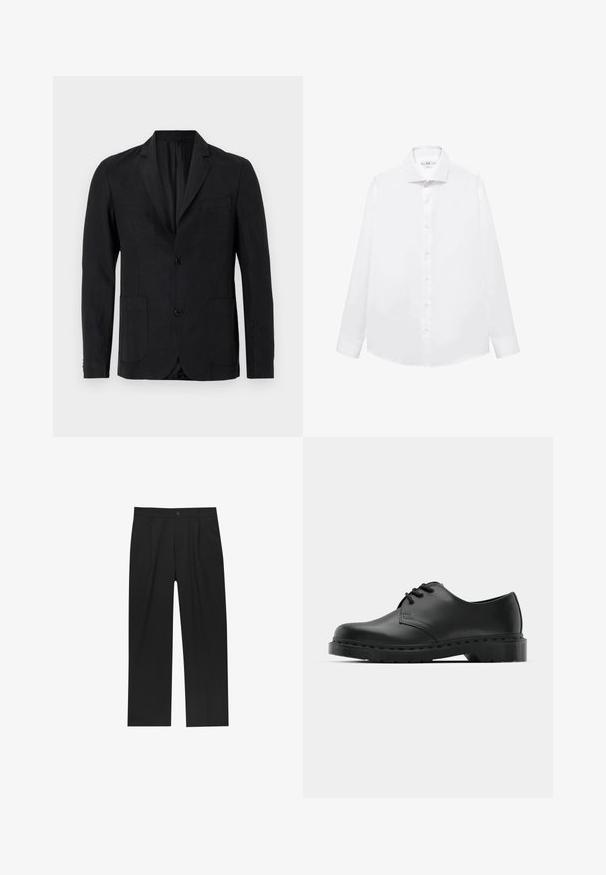 Blazer in lino nero con design a un bottone, rever a punta, due tasche frontali e una tasca sul petto. Presenta una chiusura a due bottoni.; Camicia bianca a maniche lunghe realizzata in cotone morbido, con colletto a punta, chiusura con bottoni frontale e orlo dritto.; Pantaloni neri con un design a gamba dritta, realizzati in un tessuto liscio. Presentano pieghe frontali e una chiusura a un bottone in vita.; Scarpa oxford in pelle nera con design con lacci, punta arrotondata, suola piatta in gomma e dettagli di cucitura discreti lungo la parte superiore.