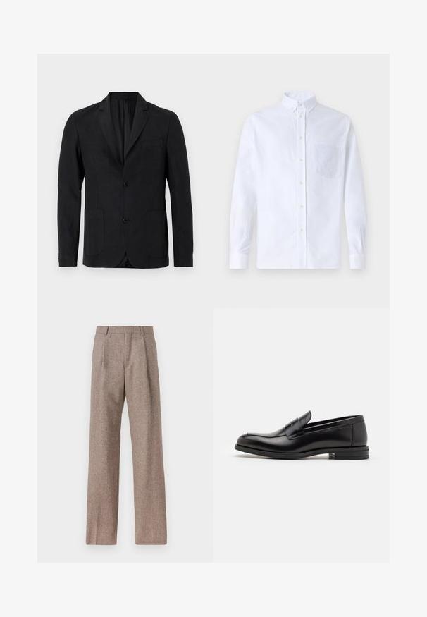 Blazer negro de lino con un diseño de un solo botón, solapas de muesca, dos bolsillos delanteros y un bolsillo en el pecho. Cuenta con cierre de dos botones.; Camisa blanca de manga larga y botonadura frontal, hecha de algodón, con un bolsillo en el pecho con bordado tonal, cuello y puños con botones.; Pantalones marrones de cintura alta hechos de una tela texturizada. Presentan piernas anchas y dos pliegues frontales para dar estructura. Acabado limpio sin hardware visible.; Mocasines de cuero negro con una textura suave, puntera redondeada y una tira decorativa en el empeine. Tacón bajo apilado, diseño minimalista.