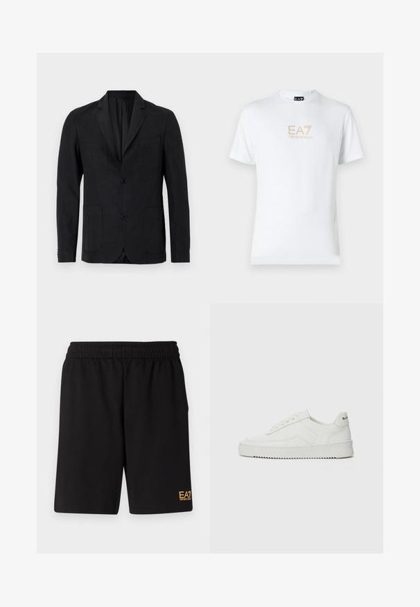 Czarna lniana marynarka o jednorzędowym kroju, z klapami typu notch, dwoma przednimi kieszeniami oraz jedną kieszenią na piersi. Posiada zapięcie na dwa guziki.; Biała bawełniana koszulka z okrągłym dekoltem i krótkimi rękawami, z nadrukowanym z przodu złotym logo EA7 Emporio Armani.; Czarne sportowe szorty wykonane z miękkiego materiału, z elastycznym paskiem w talii oraz małym, żółtym logo EA7 na dolnej lewej nodze.; Białe skórzane sneakersy o gładkim wykończeniu, okrągłym nosku, płaskich sznurówkach i teksturowanej podeszwie. Charakteryzują się delikatnym logo na pięcie.