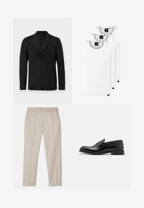 Black linen blazer with a single-breasted design, notch lapels, two front pockets, and one chest pocket. Features two button closure.; Three white ribbed tank tops made of cotton. Features a crew neck and small black labels near the hem. Available in multiple sizes.; Filippa K TERRY CROPPED TROUSERS - Trousers - sage melange; Black leather loafers with a smooth texture, rounded toe, and a decorative strap across the vamp. Low stacked heel, minimalist design.