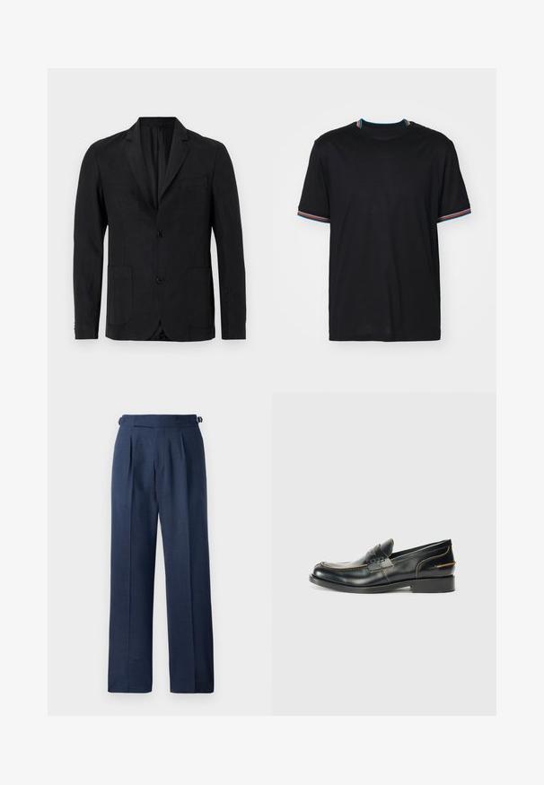 Must musträtik blazeri, millel on ühe nööbi kujundus, lõhenenud kraed, kaks esifrakti taskut ja üks rinnanäpp. Omab kahte nööbi kinnitust.; Mustuse mustrega lühikeste varrukatega T-särk ümmarguse kaelusega, millel on mitmevärvilised triibulised nööbid krael ja varrukatel. Pehme kangastekstuuri.; Tumed sinise värviga kohandatud püksid, mis on valmistatud tekstureeritud kangast, kõrge talje, kortsude ja kohandatavate külgrihmadega sobivuse tagamiseks.; Mustad mustad nahast mokassiinid, millel on voolujooneline disain, peen õmblus ja madal konts, esitatud lihtsa valge tausta ees.