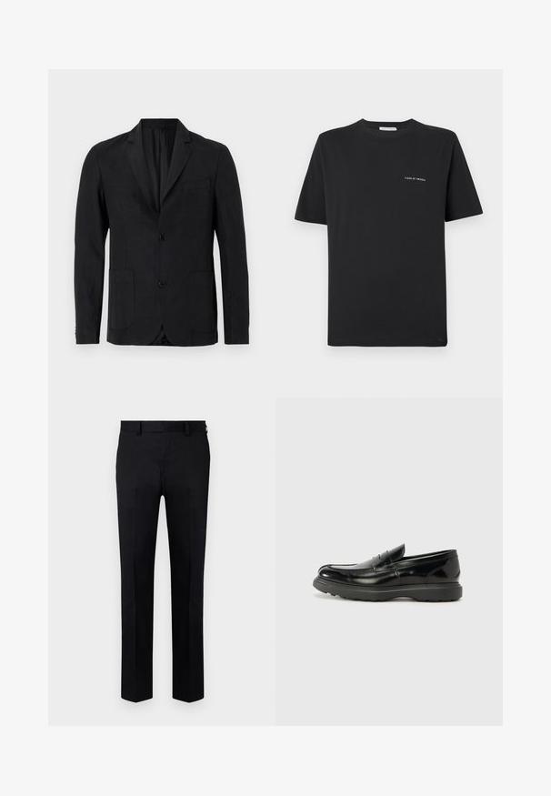 Schwarzer Leinenblazer mit einreihigem Design, Reverskragen, zwei Vordertaschen und einer Brusttasche. Mit zwei Knopfverschluss.; Schwarzes Baumwoll-T-Shirt mit Rundhalsausschnitt, kurzen Ärmeln und einem kleinen weißen "TIGER OF SWEDEN"-Logo auf der Brust. Klassischer Schnitt.; Schwarze Hose aus glattem Stoff mit geradem Bein, Vorderfalten und Gürtelschlaufen am Bund. Keine sichtbaren Muster oder Akzente.; Schwarze Lederloafer mit glanzendem Finish, abgerundetem Zehenbereich, subtilen Steppnähten und einer dicken Gummisohle für Langlebigkeit.