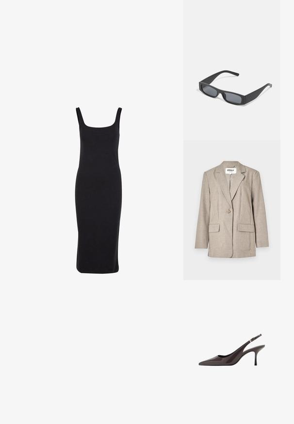 Lichtbruine blazer van gestructureerde stof, met twee voorzakken, een enkele knoopsluiting en een piekflap ontwerp.; Zwart, strakke jurk van zachte stof. Heeft een vierkante halslijn en dunne schouderbandjes, die tot halverwege de kuit reiken. Geen patronen of versieringen.; Puntige slingback hakken in donkerbruin lakleer, met een slanke hoge hak en een verstelbare enkelband met een gesp.; Zwarte rechthoekige zonnebril met donkere lenzen en dikke matte monturen. De zijstukken zijn licht taps toelopend met een gladde textuur.; Geweven bruine handtas met een rechthoekige vorm, gestructureerd handvat en een textuurrijk oppervlak. Heeft een gesloten bovenkant en een ingewikkeld vlechtpatroon.