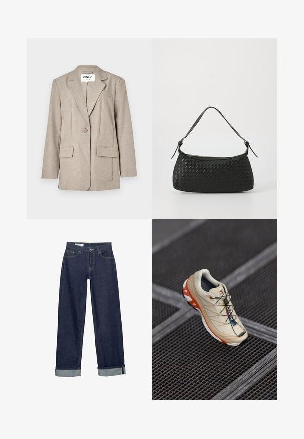 Light brown blazer made of textured fabric, featuring two front pockets, a single button closure, and a notched lapel design.; Asymmetrical black top made of smooth fabric, featuring a gathered design with a gold-tone hardware accent on one side.; Dark blue denim jeans with a wide-leg design, featuring a folded hem and classic five-pocket styling. Finished with golden stitching accents.; Beige running shoe with orange accents, designed with a textured upper, black outsole, and integrated laces. Features GORE-TEX branding.; Black woven shoulder bag with a smooth leather strap and zipper closure. Features a textured surface and curved shape.