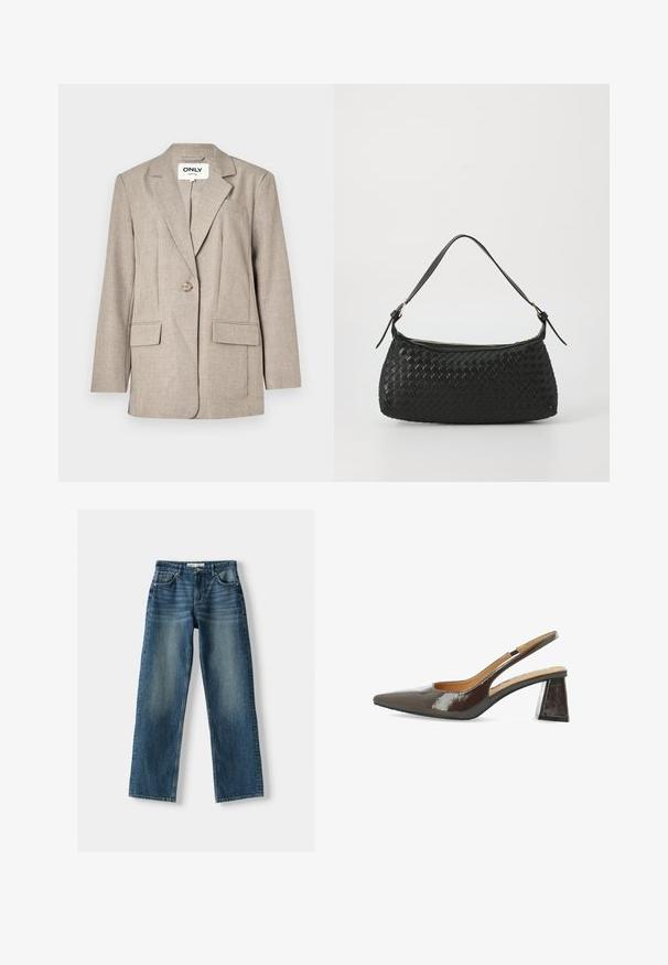 Ljusbrun blazer i strukturerad tyg, med två framfickor, en enkel knappstängning och en krage med snitt.; Två axelbandslösa toppar: en har ett brun- och krämfärgat abstrakt djurmotiv, medan den andra är helt svart. Båda är tillverkade av mjukt tyg.; Blå denimjeans med rak bendesign, knappstängning, fem fickor och blekta områden. Materialet verkar hållbart med en texturerad yta.; Slingback högklackade skor i glansigt mörkbrunt lackläder, spetsig tå, utskurna sidor och en kvadratisk blockklack.; Svart vävd axelväska med ett slätt läderhandtag och dragkedjestängning. Har en strukturerad yta och en böjd form.