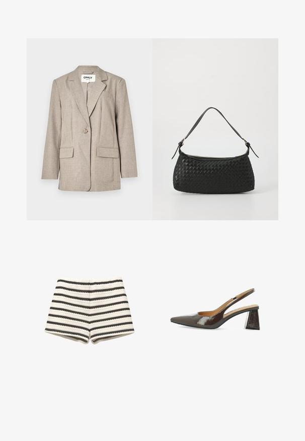 Světle hnědý blazer z texturované látky, obsahující dvě přední kapsy, zapínání na jeden knoflík a design s klopami.; Bílý bavlněný tričko s kulatým výstřihem a krátkými rukávy. Jednoduchý design, hladká textura, žádné vzory ani ozdoby.; Páskované kraťasy v světlé béžové a tmavě šedé barvě, s texturovanou vazbou a přiléhavým střihem. Ozdobené ve spodní části odpovídající látkou.; Lodičky na vysokém podpatku ve lesklé tmavě hnědé lakované kůži, špičatá špička, výřezové strany a čtvercový blokový podpatek.; Černá tkaná taška přes rameno s hladkým koženým popruhem a uzavíráním na zip. Dispozice obsahuje texturovaný povrch a zakřivený tvar.