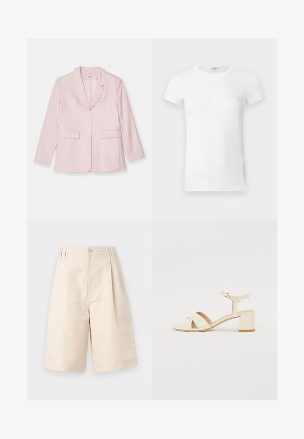 Roze blejzer napravljen od laganog materijala, s oštrim reverima, zatvaranjem na jedan dugme, dva prednja džepa i dugim rukavima.; Bijela rebrasta kratkotrajna majica s okruglim izrezom. Tkanina izgleda glatko s prilagođenim siluetom. Vidljiva oznaka branda na ovratniku.; Bež lanene kratke hlače s opuštenim krojem, koje imaju zatvaranje na dugme, nabran dizajn i dužinu do koljena. Glatka tekstura i jednostavan stil.; Bež sandale od lakirane kože na visokoj peti s dizajnom preklopnog remena, otvorenim prstima, podesivim remenom oko gležnja i blok petom. Glatka tekstura.