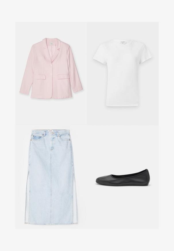 Rosa Blazer aus leichtem Stoff, mit Reverskragen, Ein-Knopf-Verschluss, zwei Vordertaschen und langen Ärmeln.; Weißes Baumwoll-T-Shirt mit Rundhalsausschnitt und kurzen Ärmeln, das einen lockeren Sitz und ein minimalistisches Design aufweist. Etikett am Hals sichtbar.; Hellblaue Jeans-Maxi-Rock mit geradem Schnitt, ausgestattet mit seitlichen Schlitzen und einem Fünf-Taschen-Design. Auffällige Nähte und Metallschnappverschluss.; Schwarze Leder-Ballettschuhe mit abgerundeter Spitze, glatter Textur, minimalen Nähdetails und einem flexiblen Sohlen-Design.