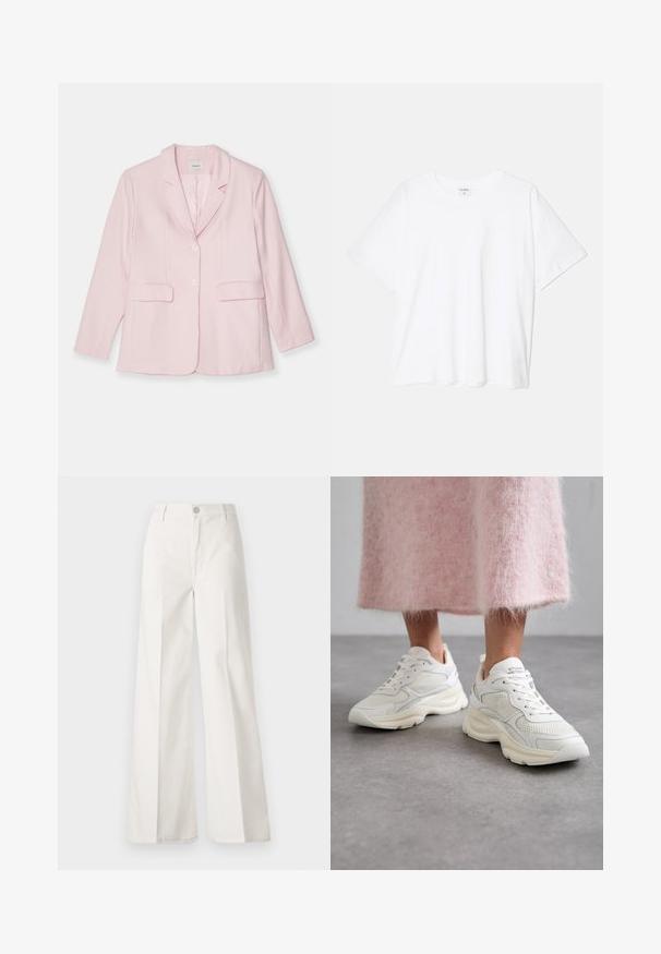 Roza blazer iz lahkega materiala, ki ima zarezan ovratnik, zapiranje na en gumb, dva sprednja žepa in dolge rokave.; Bela bombažna majica s kratkimi rokavi, okroglim izrezom, sproščenim krojem in šivanim robom. Oznaka vidna na notranji strani izreza.; Bele široke hlače iz bombaža z gladko teksturo. Imajo gumb spredaj, zadrgo in zasnovo z štirimi žepi.; Bela športna obutev iz mrežaste in usnjene tkanine, zaobljenih prstov in oblazinjene podplate. Ima vezalke in ime blagovne znamke na ježku.