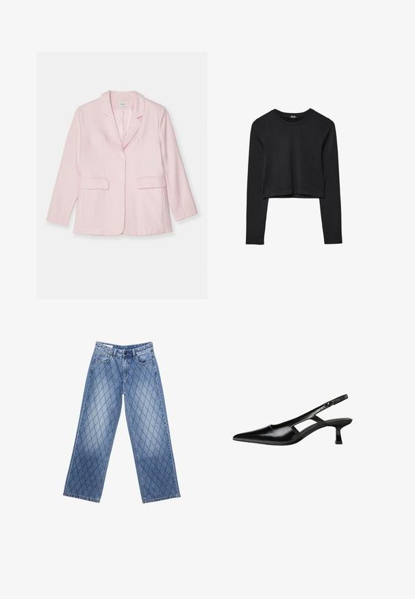 Vaaleanpunainen bleiseri, joka on valmistettu kevyestä kankaasta. Siinä on leikattu kaulus, yksivipa suljenta, kaksi etutaskua ja pitkät hihat.; Mustat pitkät hihat lyhyt toppi, jossa on pyöreä kaula-aukko, yksinkertainen muotoilu ja hieman kaareva helma.; Vaaleansiniset, leveälahkeiset farkut, joissa on tilkkutäkkikuvio, viisi taskua ja nappi vyötäröllä.; Mustat lakatut nahkakengät, joissa on viistopää, leikattu sivusuunnassa ja pieni neliökoroke. Sujuva pinta, jossa on minimaalinen koristelu.