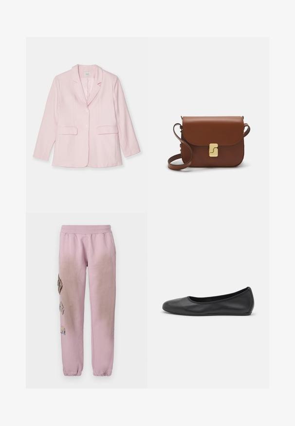 Rosa blazer i lättviktigt tyg med slagkrage, enfaldig knäppning, två framfickor och långa ärmar.; Vit kortärmad t-shirt i ribbat tyg. Rund halsringning, normal passform och diskreta sömdetaljer. Inga mönster eller tryck.; Rosa sweatpants med elastisk midjeband, med dekorativa lappar i diamantsform på vänster sida och elastiska manschetter vid anklarna.; Svart läderballerinaskor med rund tå, slät yta, minimala söm detaljer och en flexibel sula.; Brun läderhandväska med klaffstängning, guldfärgad hårdvara, axelrem och en slät yta. Kompakt rektangulär form.