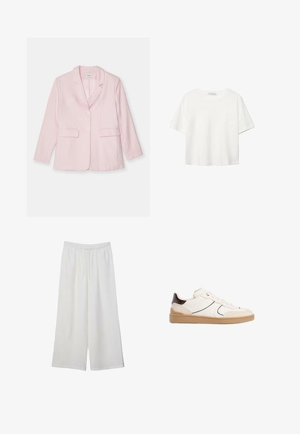 Blazer rosa realizzato in tessuto leggero, con rever a punta, chiusura con un bottone, due tasche frontali e maniche lunghe.; T-shirt bianco a maniche corte realizzato in cotone. Presenta un collo tondo e una vestibilità rilassata. Texture liscia senza motivi o dettagli visibili.; Pantaloni bianchi a gamba larga realizzati in tessuto leggero, dotati di una vita elastica e di un cordino per una vestibilità regolabile. Texture liscia.; Stradivarius Sneakers basse - white