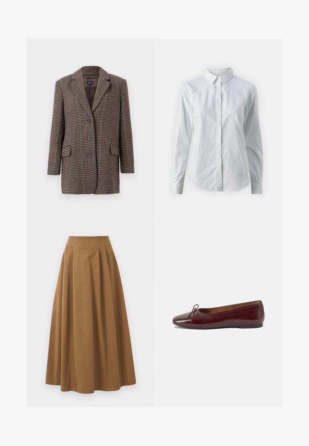 Brown and beige houndstooth plaid blazer with three buttons, two front flap pockets, and a notched collar, hanging against a white background.; White button-up shirt made of smooth cotton, featuring a classic collar, long sleeves, and a curved hem. Buttons are small and white.; Brown cotton A-line skirt with a high waist, featuring pleats down the front and a smooth texture. Hem finishes are clean and simple.; Burgundy patent leather ballet flat with a rounded toe, small bow accent at the front, and a low, black rubber sole. Smooth texture.