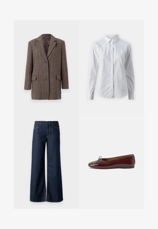 Pruun ja beež houndstooth ruuduline bleiser, millel on kolm nuppu, kaks eesmist klapiga taskut ja sisselõikega krae, ripub valge taustal.; Valge nööpidega särk, mis on valmistatud siledast puuvillast. Särgil on klassikaline krae, pikad varrukad ja kaarduv äär. Nöödid on väikesed ja valged.; Laiad teksad tumesinises denimis. Omab kontrastõmblusi, viit taskut ja nupukinnitust vööl. Sile tekstuur.; Burgundi patendnahk kingad balletitüüpi, ümmarguse ninaosa, ees väike paelaaktsent ja madal must kummist tald. Sile tekstuur.