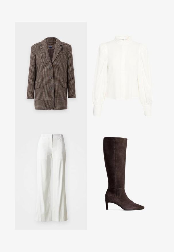 Bruin en beige houndstooth ruitjesblazer met drie knopen, twee voorzakken met klep en een genotched kraag, hangend tegen een witte achtergrond.; Witte blouse met lange mouwen van een textuurrijke, gekreukte stof. Beschikt over een hoge, gerimpelde kraag en een knoopsluiting. Brede, opgeblazen mouwen en manchetten.; Witte, hoge taille wijde broek gemaakt van lichtgewicht stof. Kenmerkt zich door een vlakke voorkant, achterzakken en een schone, eenvoudige uitstraling.; Bruine suede kniehoge laars met een puntige neus en een hak van 7,5 cm. Glad textuur, slanke silhuet en minimalistisch ontwerp.