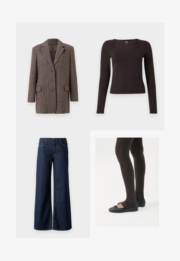 Rudas ir bežinis šauniučių languotas bleizeris su trimis mygtukais, dviem priekinėmis kišenėmis su dangteliais ir įpjovimu ant apykaklės, kabantis prieš baltą foną.; Juoda ilgomis rankovėmis, prigludusi bluzonėlė su kvadratine iškirpte, žymėta GAP, rodoma baltame fone.; Plati kojinės džinsai tamsiai mėlynos džinsinės medžiagos. Yra kontrastingas siuvimo ornamentas, penkios kišenės ir užsegimas mygtuku juosmenyje. Lygus paviršius.; Juodos plokščios bateliai su maža kaspinėlio detale prie pirštų, derinami su tamsiai rudos spalvos raukšlėtomis pėdkelnėmis. Bateliai turi lygų paviršių ir žemą profilį.