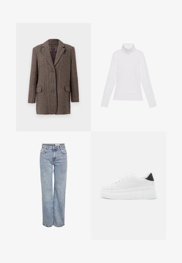Ruskea ja beige houndstooth-ruudullinen bleiseri, jossa on kolme nappia, kaksi etuläppätaskua ja lovettu kaulus, roikkumassa valkoista taustaa vasten.; Valkoinen pitkähihaisella poololla varustettu paita, joka on valmistettu sileästä ja joustavasta kankaasta. Ominaisuuksiin kuuluu korkeakauluksinen ja tiukka malli, ilman näkyviä kuvioita tai koristeita.; Vaaleansiniset leveälahkeiset farkut, jotka on valmistettu denimistä. Niissä on korkea vyötärö, viisi taskua ja hienovarainen kuluminen, joka luo käytetyn ilmeen.; Valkoiset alustasneakerit, jotka on valmistettu sileästä synteettisestä materiaalista. Niissä on pyöreä kärki, nauhakiinnitys ja teksturoitu kumipohja. Musta kantakorko korostaa ilmettä.