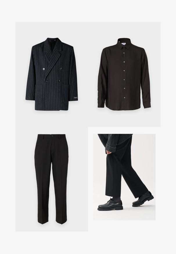 Topelt reav must ribaadega bleiser, millel on nurgeline krae, kaks eesmist taskut ja suured nupud tekstuuriga viimistlusega.; Musthave musta pikkade varrukatega särk, mis on valmistatud siledast kangast, painduva nööbiga esiosa, näpuja krae ja ümar hem, millel on kontrastsed nööbid.; Mustad püksid siledast kangast, sirge jala disainiga, ees olevate taskutega, ühe nööbi kinnitusega ja ilma nähtavate mustriteta.; Mustad mustad nahast kingad ümarate varvastega, nööridega disain ja paks tekstuurne talla. Kanda koos kohandatud mustade pükstega ja ribadega sviitriga.