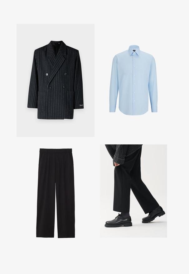 Czarna marynarka w pasy o podwójnym zapięciu, z klapami, dwoma przednimi kieszeniami i dużymi guzikami o fakturowanym wykończeniu.; Jasnoniebieska, długosleeve koszula z gładkiego materiału, z zapięciem na guziki, wywijanym kołnierzykiem i regularnym krojem.; Czarne spodnie w stylu szerokich nogawek z plisowanym przodem, bocznymi kieszeniami i gładką teksturą materiału. Zaprojektowane w luźnym kroju.; Czarne skórzane buty z okrągłym noskiem, sznurowanym zapięciem i grubą, fakturowaną podeszwą. Noszone z dopasowanymi czarnymi spodniami i swetrem z prążkowanej tkaniny.