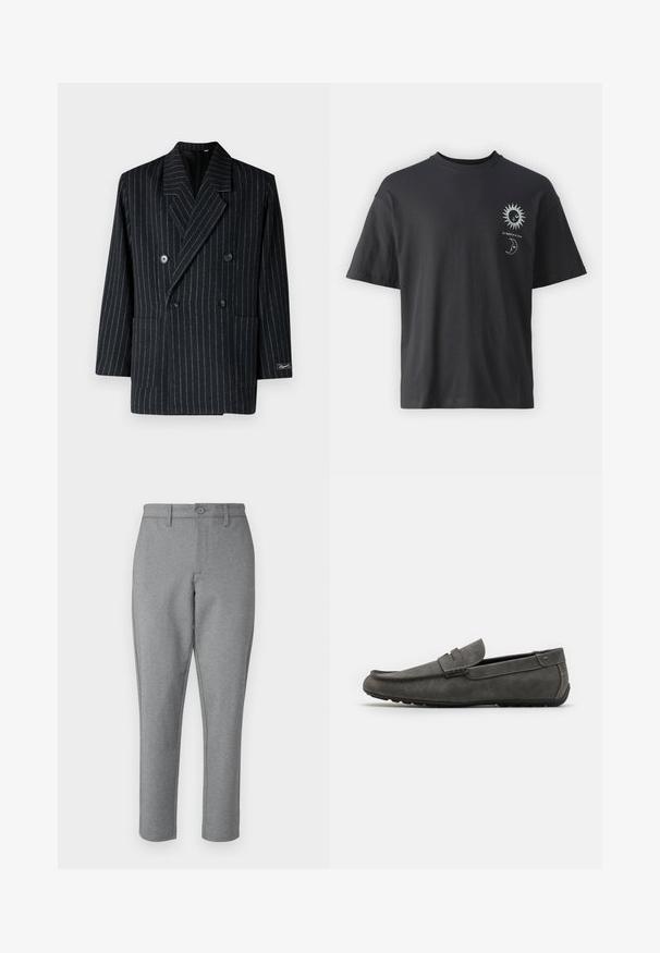 Černý pruhovaný dvouřadový blejzr s látkovým límcem, dvěma předními kapsami a velkými knoflíky s texturovaným povrchem.; Černé bavlněné tričko s krátkým rukávem, kulatým výstřihem a předními grafikami slunce a měsíce, doplněné textem "Le Soleil et La Lune."; Šedé kalhoty na míru s jemnou texturou, rovný střih a zapínání na přední knoflík. Mají poutka na opasek a boční kapsy.; Šedý semišový mokasín s kulatou špičkou, prošívanými detaily a plochou gumovou podrážkou. Obuv má hladkou strukturu a přední stahovací prvek.