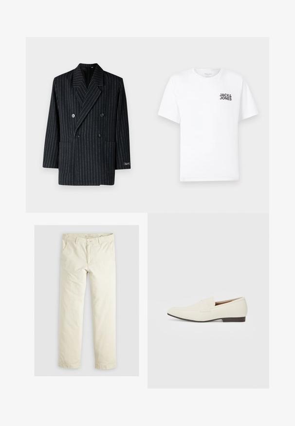Černý pruhovaný dvouřadový blejzr s látkovým límcem, dvěma předními kapsami a velkými knoflíky s texturovaným povrchem.; Bílý bavlněný tričko, krátké rukávy, kulatý výstřih. Obsahuje černý textový logo "JACK & JONES" na levé straně hrudníku. Jednoduchý, hladký design.; Svetlé béžové volné kalhoty s třemi kapsami, poutky na opasek a rovnými nohavicemi. Vyrobeno z měkké směsi bavlny.; Světlé béžové mokasíny s špičatou špičkou, hladkým materiálem, páskem přes nárt a nízkou hnědou podrážkou. Jednoduchý design s minimálními akcenty.