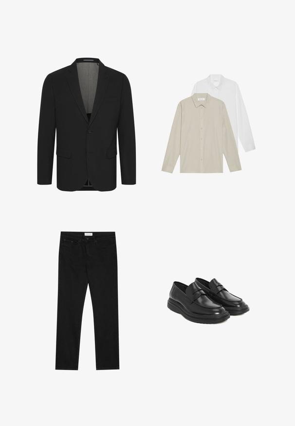 Juodas švarkas, pagamintas iš sklandaus audinio, su drąsiai iškerpimu, dviem priekinėmis kišenėmis ir dviejų mygtukų užsegimu. Pamušalas viduje. Minimalus dekoras.; Du dušo su ilgomis rankovėmis: viena balta, o kita smėlinė su plonomis vertikaliomis juostelėmis. Abi turi mygtukus prisisegantius apykakles ir rankoves.; Juodos tiesios kojų džinsai su penkių kišenių dizainu, mygtuko ir užtrauktuko uždarymu bei "Pier One" prekės ženklo etikete ant juosmens.; Juodi odiniai loaferiai su apvaliu pirštu, siuvinėjimu ir platforminiu guminiais padu. Priedo juostelė per vampą.
