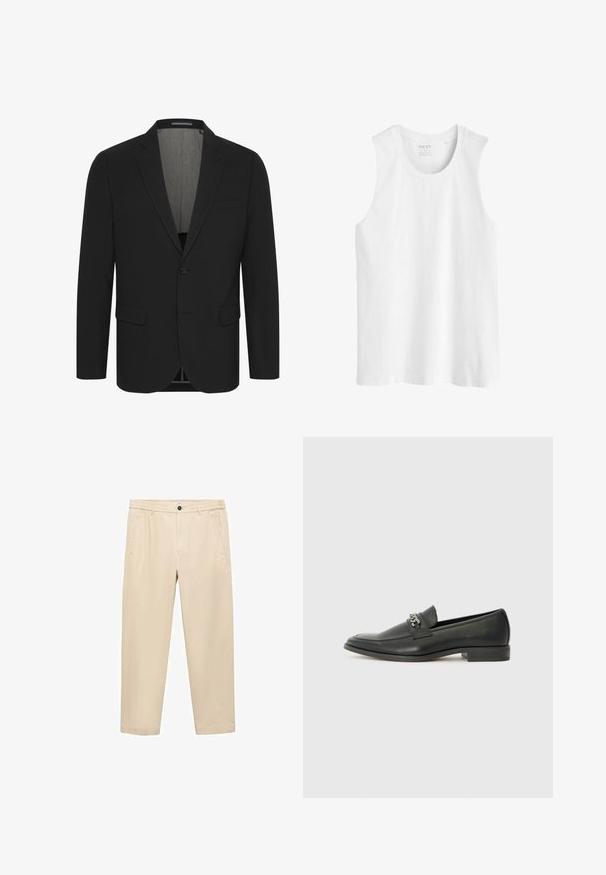 Černý blejzr vyrobený z hladkého materiálu, má klopový límec, dvě přední kapsy a zapínání na dva knoflíky. Podšívka na vnitřní straně. Minimální zdobení.; Bílé bezrukávové tričko vyrobené z bavlny. Má kulatý výstřih a rovný lem s běžným střihem, bez vzorů a ozdob.; Bežové, volné kalhoty vyrobené z měkké tkaniny; mají elastický pas, přední kapsy a rovný střih nohavic.; Černé kožené mokasíny s hladkým povrchem, s prošívaným designem a dekoračním kovovým řetízkem přes nárt. Plochý podpatek.