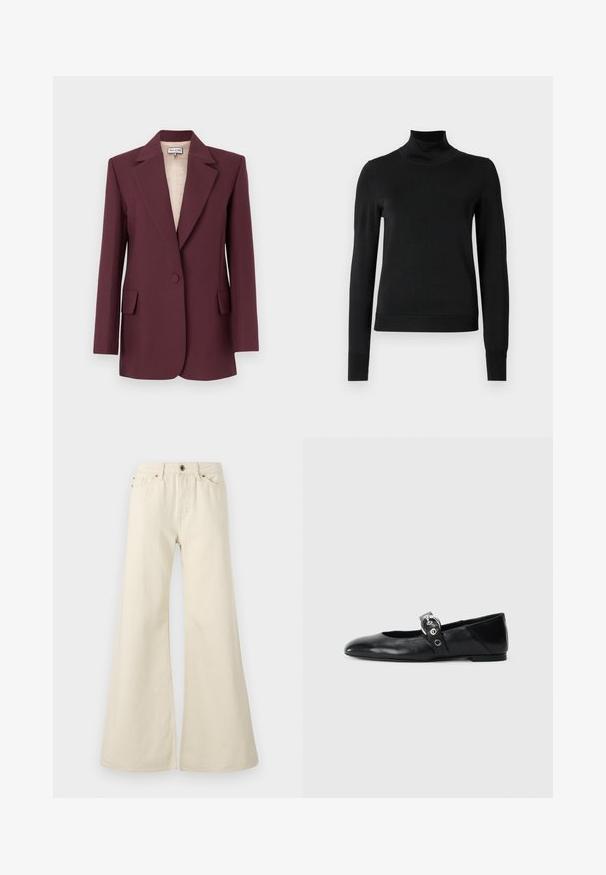 Blazer su misura color bordeaux con rever a lancia, chiusura con un bottone, due tasche frontali e una fodera liscia beige.; Pullover nero a maniche lunghe con collo alto, rifinito con polsini e orlo a coste, mostrato su uno sfondo bianco semplice.; Jeans flare beige chiaro in cotone. Presentano un'alta vita, cinque tasche e una chiusura con bottone con dettagli di cucitura a contrasto.; Ballerine in pelle nera con punta appuntita, dotate di una fascia con una fibbia metallica circolare e suola piatta.