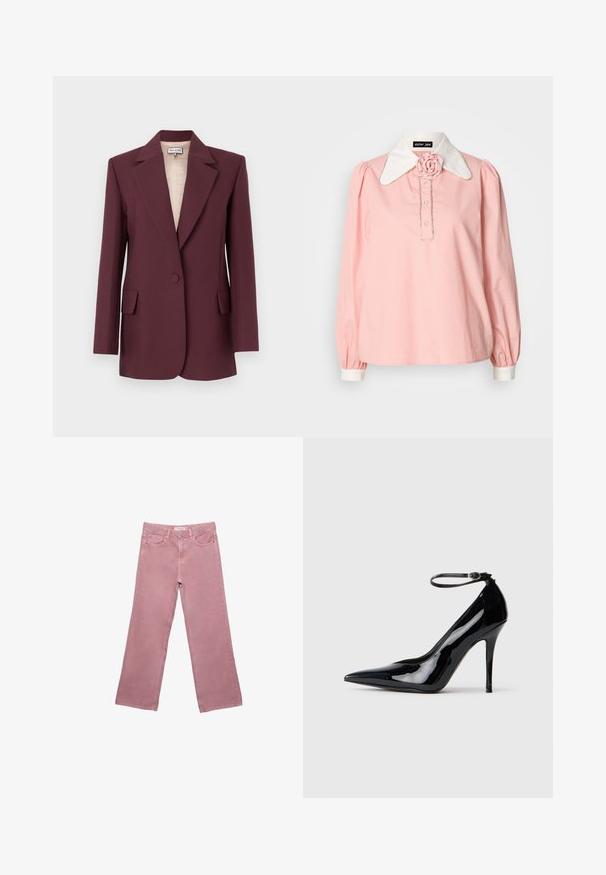 Blazer bordeaux sur mesure avec revers en encoche, fermeture à bouton unique, deux poches avant, et une doublure beige lisse.; Blouse rose à manches longues avec un col blanc, ornée d'une accent en rose, fermeture à boutons et manches à poignet élastiques. Fabriquée dans un tissu léger.; Jean large rose en denim, avec une taille haute, des poches avant et des détails de couture subtils. Texture lisse sans motifs.; Pampe en cuir verni noir à talon haut avec bout pointu, bride de cheville et finition lisse et brillante. Le talon aiguille complète le design élégant.