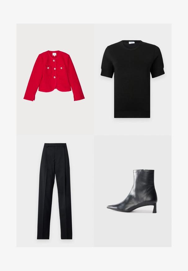 Rote strukturierte Jacke mit einem kurzen Design, ausgestattet mit zwei Gesäßtaschen, vier Knopfverschluss mit floralen Akzenten und einem runden Halsausschnitt.; Schwarzes, kurzärmeliges Strickoberteil mit rundem Ausschnitt. Verfügt über dezente Rippdetails an Ärmeln und Saum, gefertigt aus einem glatten Stoff.; Schwarze Hosen aus glattem Stoff mit hoher Taille, weitem Bein, vorderen Falten und klassischen Gürtelschlaufen. Keine sichtbaren Seitentaschen.; Schwarze Lederstiefelette mit spitzer Zehe und schlankem Design. Verfügt über einen niedrigen Absatz und einen Reißverschluss hinten. Glatte Textur.