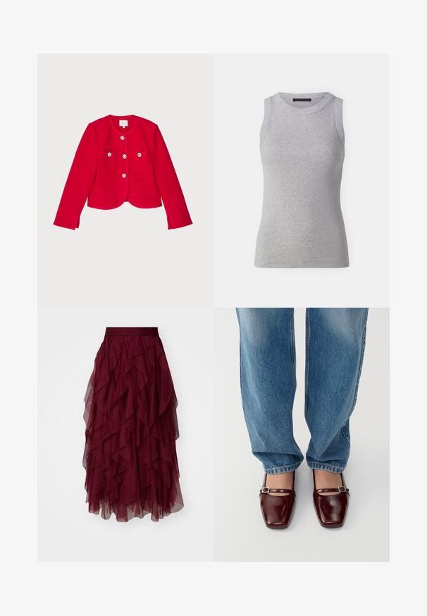 Czerwona kurtka o fakturze z cropped fasonem, z dwoma przednimi kieszeniami, czterema zapięciami na guziki z kwiatowymi akcentami oraz okrągłym dekoltem.; Szary bezrękawnik wykonany z prążkowanej tkaniny. Posiada okrągły dekolt i dopasowany krój. Prosty design, bez widocznych wzorów czy akcentów.; Burgundowa spódnica z tiulu z wieloma warstwami falbanek, szerokim pasem i swobodną sylwetką. Lekki, fakturowany materiał podkreśla ruch.; Burgundowe lakierowane buty ze kwadratowym noskiem i paskiem na kostce, w zestawieniu z jasnoniebieskimi dżinsami o luźnym kroju. Buty mają błyszczące wykończenie.