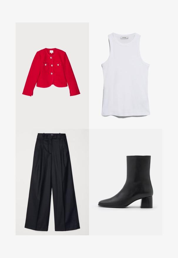 Red textured jacket with a cropped design, featuring two front pockets, four button fastenings with floral accents, and a round neckline.; White ribbed tank top with a round neck and wide armholes. Features a smooth texture and a straight hem. Label reads "IVY OAK."; Black wide-leg trousers made of smooth fabric, featuring a high waist, pleats, and a tailored design. Simple black hardware at the waist.; Black leather ankle boot with a pointed toe and a chunky square heel. Smooth texture with a seamless design and minimalistic stitching.