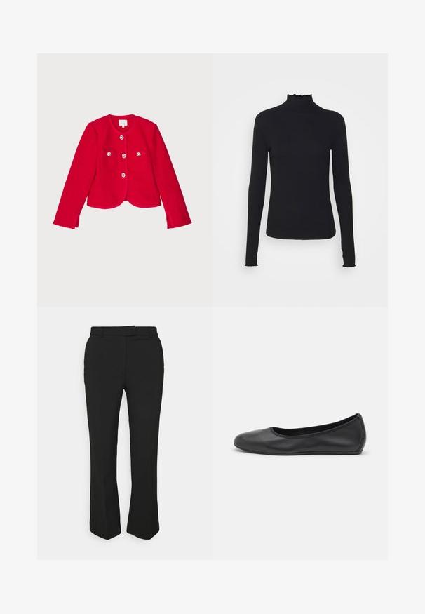 Jachetă texturată roșie cu un design scurt, având două buzunare frontale, patru închideri cu nasturi cu accente florale și un guler rotund.; Top negru cu mânecă lungă și guler înalt, realizat dintr-un material neted, având un guler cu volane și o siluetă ajustată cu margini simple.; Pantaloni negri, croiți pe picior drept, cu bucle pentru curea și buzunare laterale. Fabricate dintr-un material neted, cu un finisaj curat.; Balerini din piele neagră, cu vârf rotund, textură netedă, detalii de cusătură minimale și un design al tălpii flexibil.