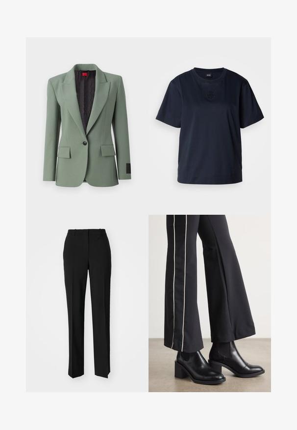 Šviesiai žalias švarkas, pagamintas iš lygaus audinio, su išpjaustytu apykakle, vienu mygtuko uždarymu, dviem priekinių kišenėmis ir raštuota juoda pamušalu.; Tamsiai mėlyna trumpomis rankovėmis marškinėliai, pagaminti iš minkštos medvilnės. Savyje turi apvalų kaklą ir subtilų išsiuvinėtą logotipą ant krūtinės.; Juodi pritaikyti kelnių modeliai su tiesiomis kojomis, pasižyminčios lygiomis tekstūromis ir ryškiomis klostėmis priekyje. Nėra matomų detalių.; Juodi odiniai auliniai batai su plataus bloko kulnu, turintys elastines šonines dalis. Sukomplektuoti su juodomis kelnėmis, turinčiomis baltą šoninės juostą.