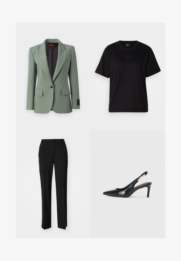 Világoszöld blézer sima anyagból, steppelt hajtókával, egygombos záródással, két elülső zsebbel és mintás fekete béléssel.; Fekete pamut póló kerek nyakkivágással, rövid ujjakkal és hímzett logóval a mellkasán. Egyszerű, laza szabás, minta nélkül.; Fekete, testhezálló nadrág egyenes szárú kivitelben, sima textúrával és éles redőkkel az elején. Nincs látható fémalkatrész.; Fekete bőr, slingback magas sarkú cipő, hegyes orral, sima textúrával és keskeny bokapánttal, arany fémrészletekkel.