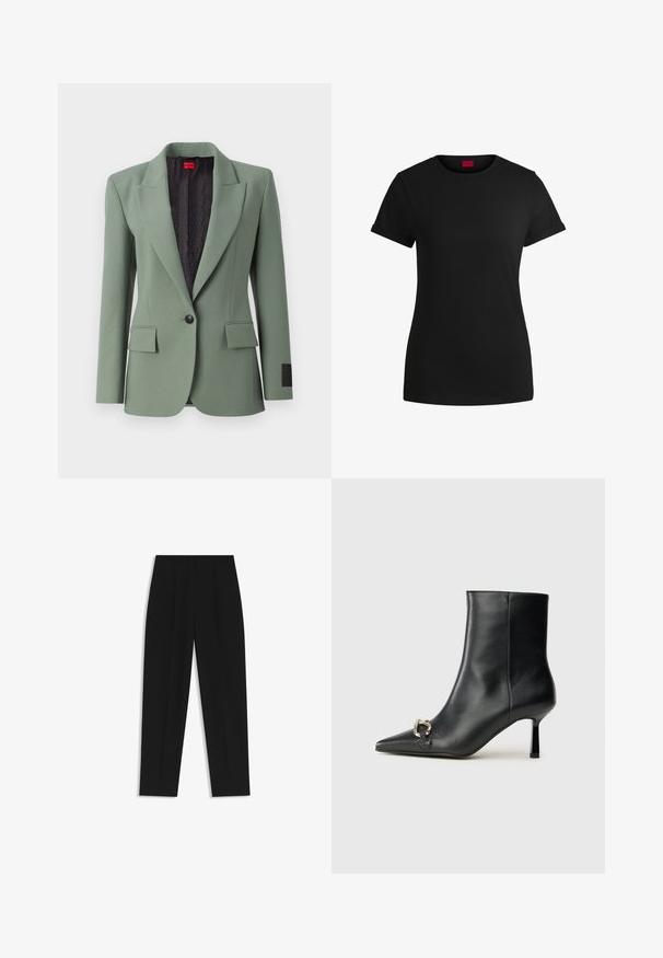 Light green blazer made of smooth fabric, featuring a notched lapel, single button closure, two front pockets, and a patterned black lining.; Black cotton t-shirt with short rolled sleeves, a round neckline, and a red label. Smooth texture, fitted shape with minimal detailing.; Black trousers with a straight fit, featuring double pleats, a smooth texture, and a classic waistband design. No visible hardware or accents.; Black leather ankle boot with pointed toe, slim mid-height heel, and silver buckle detail on side against plain background.