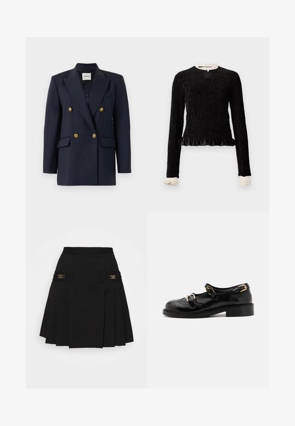 Jūrinės smėlio dryžiais dvigubos sagtys švarkas su auksinėmis mygtukais, turintis pavadinimo atvartą, dvi priekinės kišenes ir lygų pamušalą.; Juodas ilgomis rankovėmis viršus su tekstūruotu audiniu, raukiniais apatinėje dalyje ir baltais raukiniais prie apykaklės ir rankogalių. Yra centrinis užsegimas su kilpele.; Juoda klostuota sijonas su auksiniais akcentais. Yra šoninės kišenės su logotipo detalėmis, pagamintas iš lygaus audinio. A formos siluetas.; Juodi odiniai batai su brogučių detalėmis, turintys dvi sagtis, apvalų nosį ir žemą kulną. Lygus paviršius su blizgiu finišu.