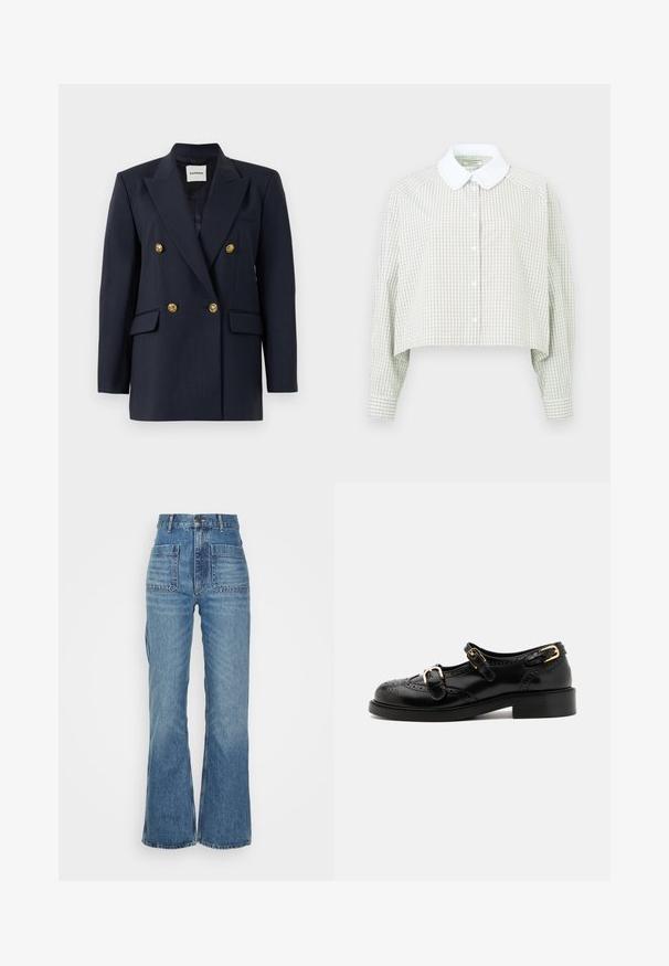 Námořnický pruhovaný dvouřadý blazer se zlatými knoflíky, s výstřihem ve tvaru píku, dvěma předními kapsami a hladkou podšívkou.; Zkrácená košile s knoflíčky v šedozelené a bílé kostkované vzoru. Má bílý límec a dlouhé rukávy s knoflíkovými manžetami. Měkká tkanina.; Džíny z modrého denimu s vysokým pasem a rozšířenými nohavicemi, dvěma předními kapsami a dvěma zadními kapsami; texturovaná látka s bledým praním.; Černé kožené boty s brogue detaily, vybavené dvěma sponami, zaoblenou špičkou a nízkým podpatkem. Hladký povrch s lesklým finišem.