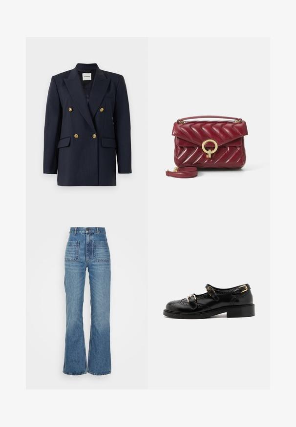 Sötétkék csíkos, dupla soros blézer arany gombokkal, csúcsos reverrel, két elülső zsebbel és sima béléssel.; Rövidített gombos ing világoszöld és fehér kockás mintázatban. Fehér gallérral és gombos mandzsettával ellátott hosszú ujjakkal rendelkezik. Puha anyag.; Magas derekú kék farmernadrág, szélesített lábbal, két elülső zsebbel és két hátsó zsebbel; texturált anyag, kopott hatású mosással.; Fekete bőrcipők brogue díszítéssel, két csattal, lekerekített orral és alacsony sarokkal. Simább felület fényes kivitelben.; Burgundy bőr kézitáska chevron steppeléssel, arany kör alakú fém részletekkel, felül fogható kézi sürgősséggel és állítható vállpánttal. Kompakt és strukturált dizájn.
