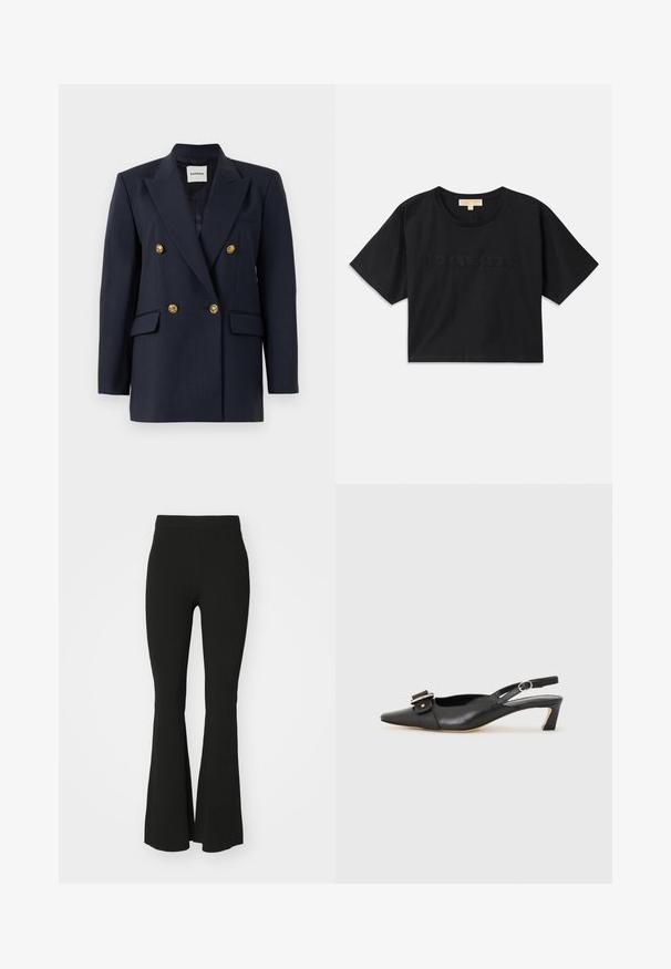 Mörkblå randig dubbelknäppt blazer med gyllene knappar, med spetsig slag, två framfickor och en slät foder.; Svart kortärmad t-shirt av bomull. Har rund halsringning och korta ärmar. "MICHAEL KORS" broderad i matchande färg framtill.; Svarta flarebyxor i stretchtyg med hög midja och en slät, odekorerad yta. Enkelt och figurnära design.; Svart lädersko med slingback, spetsig tå, liten klack och dekorativ spänndetalj på ovansidan. Slät struktur, minimalistisk design.