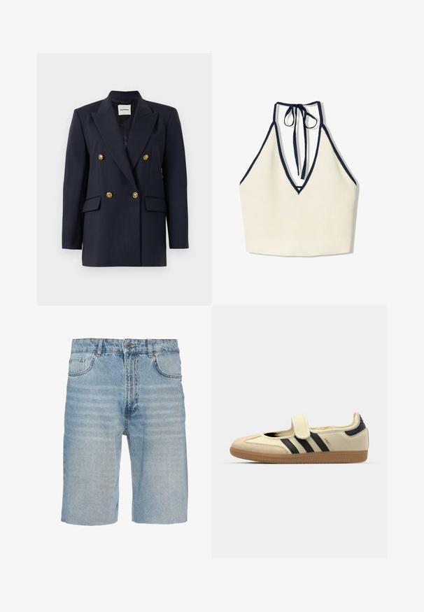 Navy pinstripe kaksirivinen bleiseri kultanappien kanssa, jossa on huippukaulus, kaksi etutaskua ja sileä vuori.; Halteri yläosa vaaleassa kremissä, syvällä V-aukolla ja tummansinisellä epäsymmetrisellä kankaalla, jossa on teksturoitu neulosmateriaali ja säädettävä solmu kaulassa.; Farkkushortsit vaaleansinisessä sävyssä, joissa on klassinen viisi-taskuinen muotoilu, nappikiinnitys, suora leikkaus ja hienovarainen haalistuminen kankaassa.; adidas Originals SAMBA JANE - Ballerinat nilkkaremmillä - cream white/core black