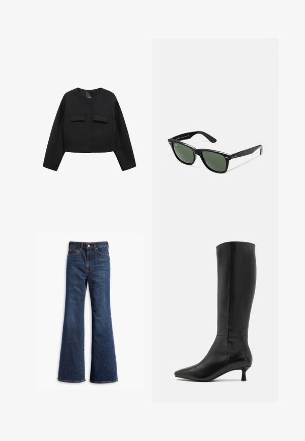 Mango Blazer - black; Adidas wit gestreept t-shirt met marineblauwe accenten, met een ronde hals, korte raglanmouwen en een duidelijk zichtbaar "adidas" logo op de voorkant.; Hogegarende donkerblauwe denim jeans met flared pijpen, sluiting met een knoop en rits aan de voorkant, en ontwerp met vijf zakken.; Zign Laarzen - black; Zwarte plastic zonnebril met groene lenzen, vierkante montuur, zilveren accent op de wenkbrauw en een gestructureerde tempel. Merken vermeld op de binnenkant van de arm.; Zwarte draagtas met twee lange handvatten, een ritssluiting bovenaan en een klein groen krokodillenlogo centraal onder de handvatten.