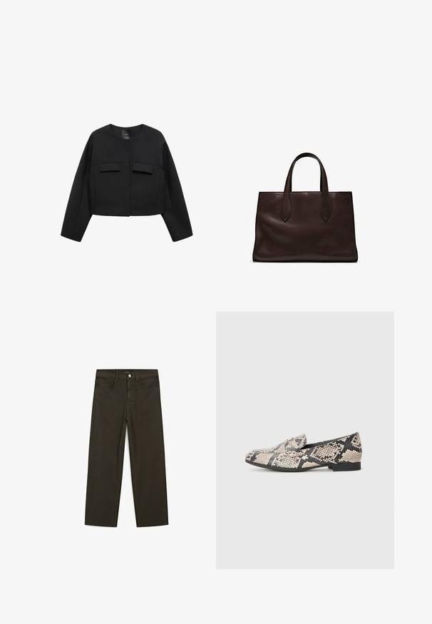Mango NAPOLES2 czarny; Brązowa koszulka z krótkim rękawem, wykonana z miękkiej bawełny, z okrągłym dekoltem i prostym wzorem, bez dodatkowych wzorów czy akcentów.; Ciemnozielone spodnie dżinsowe typu wide-leg wykonane z mieszanki bawełny, z zamkiem na guzik z przodu, pięcioma kieszeniami i klasycznym przeszyciem dżinsowym.; Beżowe i czarne mokasyny w wzór, z okrągłym noskiem, płaską podeszwą i wsuwanym designem dla łatwego zakładania. Teksturowany materiał syntetyczny.; Brązowa skórzana torba tote z dwoma wydłużonymi uchwytami, usztywnionym prostokątnym kształtem, gładką teksturą i subtelnymi detalami przeszycia.