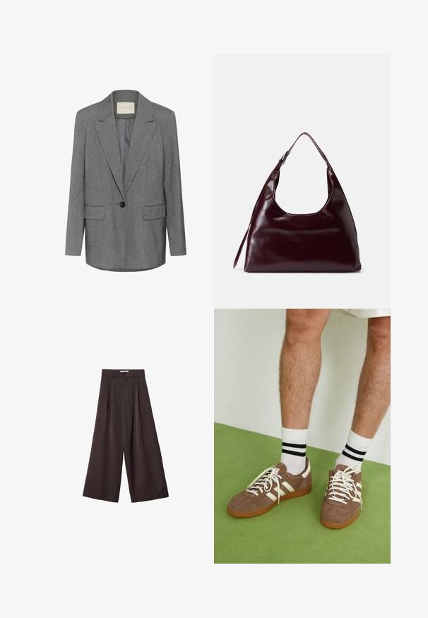 Szary mundurek w paski z wyciętym kołnierzem, z pojedynczym czarnym zapięciem na guzik oraz dwiema przednimi kieszeniami. Wnętrze wyłożone gładkim materiałem.; Czarny sweter z golfem wykonany z miękkiej dzianiny. Posiada długie rękawy oraz ściągacze na mankietach i dole. Prosty, klasyczny design bez wzorów.; Czarne spodnie z szerokimi nogawkami i wysokim stanem, z plisami z przodu oraz zapięciem na guzik w talii, wykonane z gładkiego materiału.; Brązowe zamszowe sneakersy z białymi akcentami i sznurówkami. Gumowa, brązowa podeszwa. Noszone z białymi skarpetkami w czarne paski. Zielona teksturowana podłoga.; Burgundowa skórzana torebka z okrągłym wycięciem u góry, gładką fakturą i długim paskiem na ramię, charakteryzująca się minimalistycznym designem i brakiem widocznych elementów metalowych.