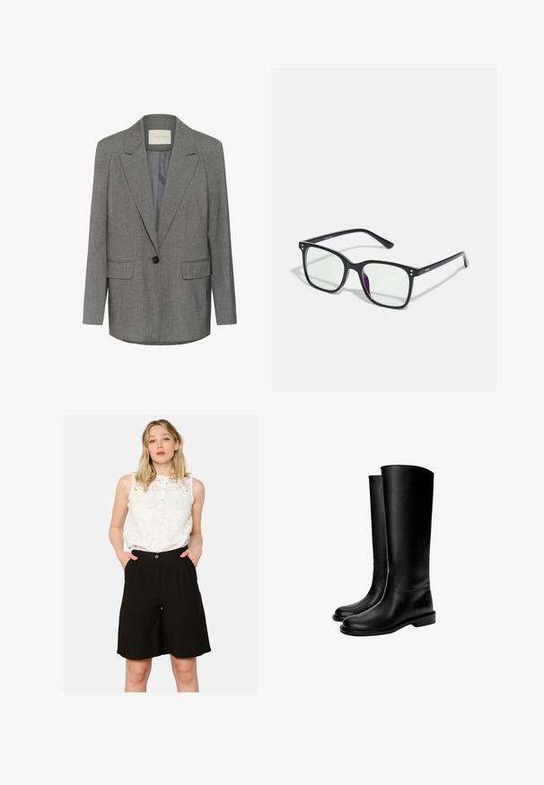 Blazer gris à rayures fines avec un revers cranté, fermeture à un seul bouton noir et deux poches avant. Intérieur doublé d'un tissu lisse.; Débardeur blanc en tissu léger. Présente un encolure arrondie et de larges emmanchures, avec une texture lisse et un design minimaliste.; Haut sans manches en dentelle blanche avec un col à boutons, associé à un short noir taille haute avec des poches latérales et une coupe ample.; Bottes en cuir noires montant jusqu'au genou avec une texture lisse, bout rond, semelle plate et design minimaliste, comprenant des coutures cousues et aucun matériel visible.; Lunettes rectangulaires noires avec des verres transparents, présentant des accents en or sur la monture et une légère teinte violette sur un des verres.; Sac à épaule en cuir lisse noir avec un haut courbé, une bandoulière unique, une fermeture à glissière et un petit logo argenté au centre à l'avant.