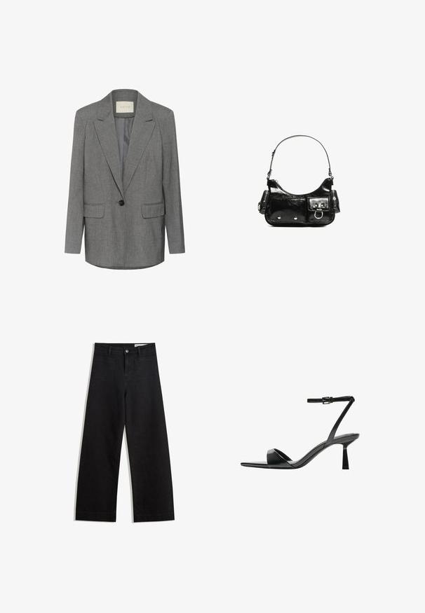 Grå nålestribet blazer med hakket revers, enkel sort knaplukning og to frontlommer. Indersiden er foret med glat stof.; Hvid T-shirt lavet af blødt, let stof. Har en rund halsudskæring og korte, brede ærmer med en afslappet pasform. Ingen synlige mønstre.; Sorte wide-leg denim bukser med høj talje, der har front- og baglommer, syede sømme og en knaplukning. Glat tekstur.; Bershka Højhælede sandaletter / Højhælede sandaler - black; Sort patenteret læder håndtaske med en buet form, en skulderrem, frontlommer og hardware accenter i sølvfarve.