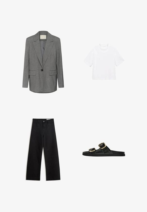 Grau gestreifter Blazer mit Reverskragen, einem schwarzen Knopfverschluss und zwei Vorder-taschen. Innen mit glattem Stoff ausgekleidet.; Weißes Baumwoll-T-Shirt mit kurzen Ärmeln und rundem Ausschnitt. Einfaches Design, lockere Passform, glatte Textur. Keine Muster oder Verzierungen sichtbar.; Schwarze weit geschnittene Jeans mit hoher Taille, ausgestattet mit Vorder- und Hintertaschen, gesteppten Nähten und einem Knopfverschluss. Glatte Textur.; Schwarze Riemensandale mit zwei goldenen Schnallendetails, glattem Material, flachem Sohlen und minimalistischer Gestaltung.