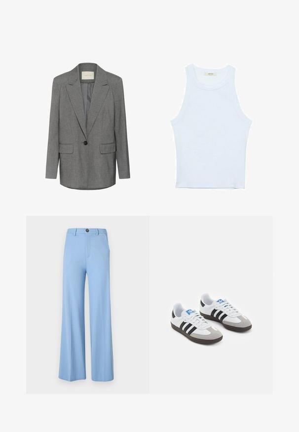 Sivi blejzer s prugama i reverom, zatvaranje na jedan crni dugme i dva prednja džepa. Unutrašnjost podstavljena glatkim materijalom.; Bijela majica na bretele, rebrasta tekstura, okrugli izrez, bez rukava, uski kroj, suptilno brendiranje na etiketici unutar područja ovratnika.; Svijetloplave široke hlače izrađene od glatke tkanine, s kopčanjem na gumb i prednjim džepovima. Čist, krojen dizajn bez uzoraka.; Sportske cipele s gornjištem od bijele kože, sivi suedinasti nos i tri crne pruge. Imaju plavi logo na jeziku i teksturiranu gumenu podlogu.