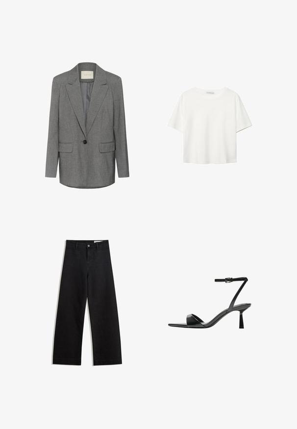 Grå nålestribet blazer med hakket revers, enkel sort knaplukning og to frontlommer. Indersiden er foret med glat stof.; Hvid kortærmet t-shirt lavet af bomuld. Har en rund halsudskæring og en afslappet pasform. Glat tekstur uden synlige mønstre eller detaljer.; Sorte wide-leg denim bukser med høj talje, der har front- og baglommer, syede sømme og en knaplukning. Glat tekstur.; Bershka Højhælede sandaletter / Højhælede sandaler - black